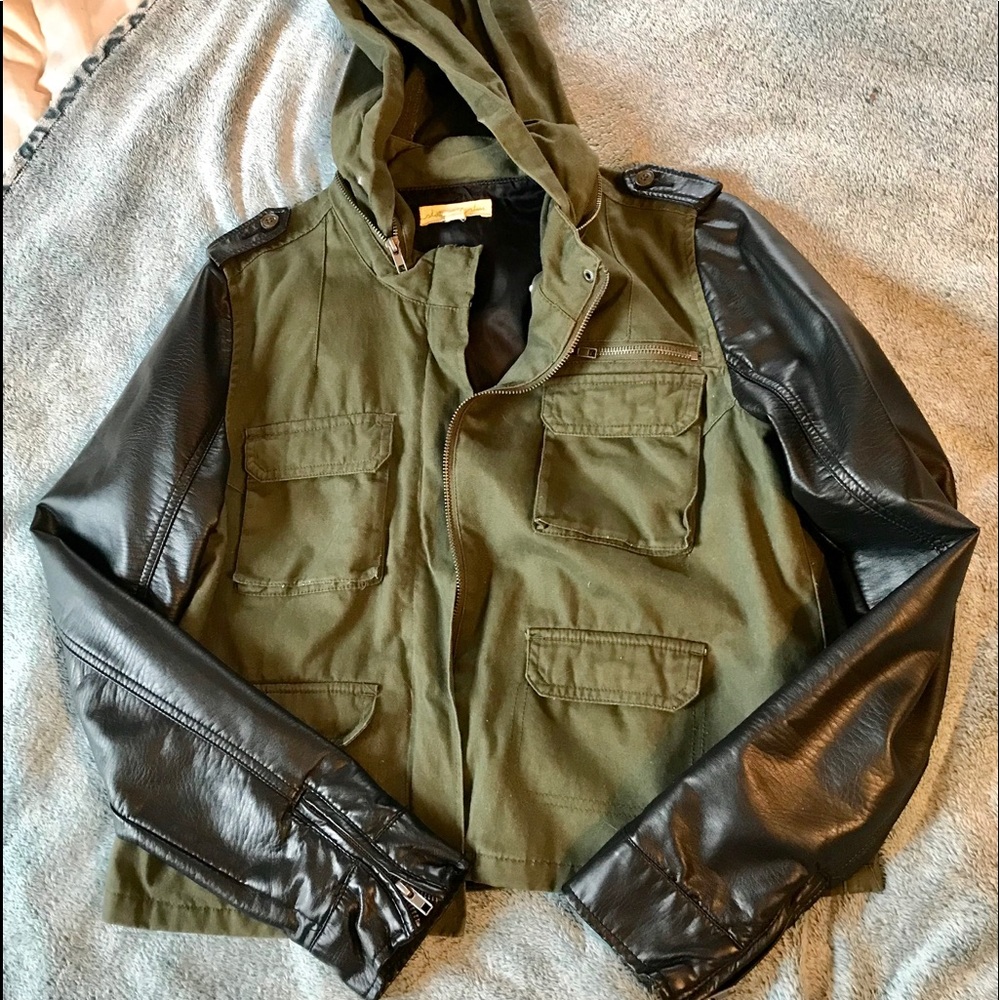 Military jacket with vegan leather sleeves
